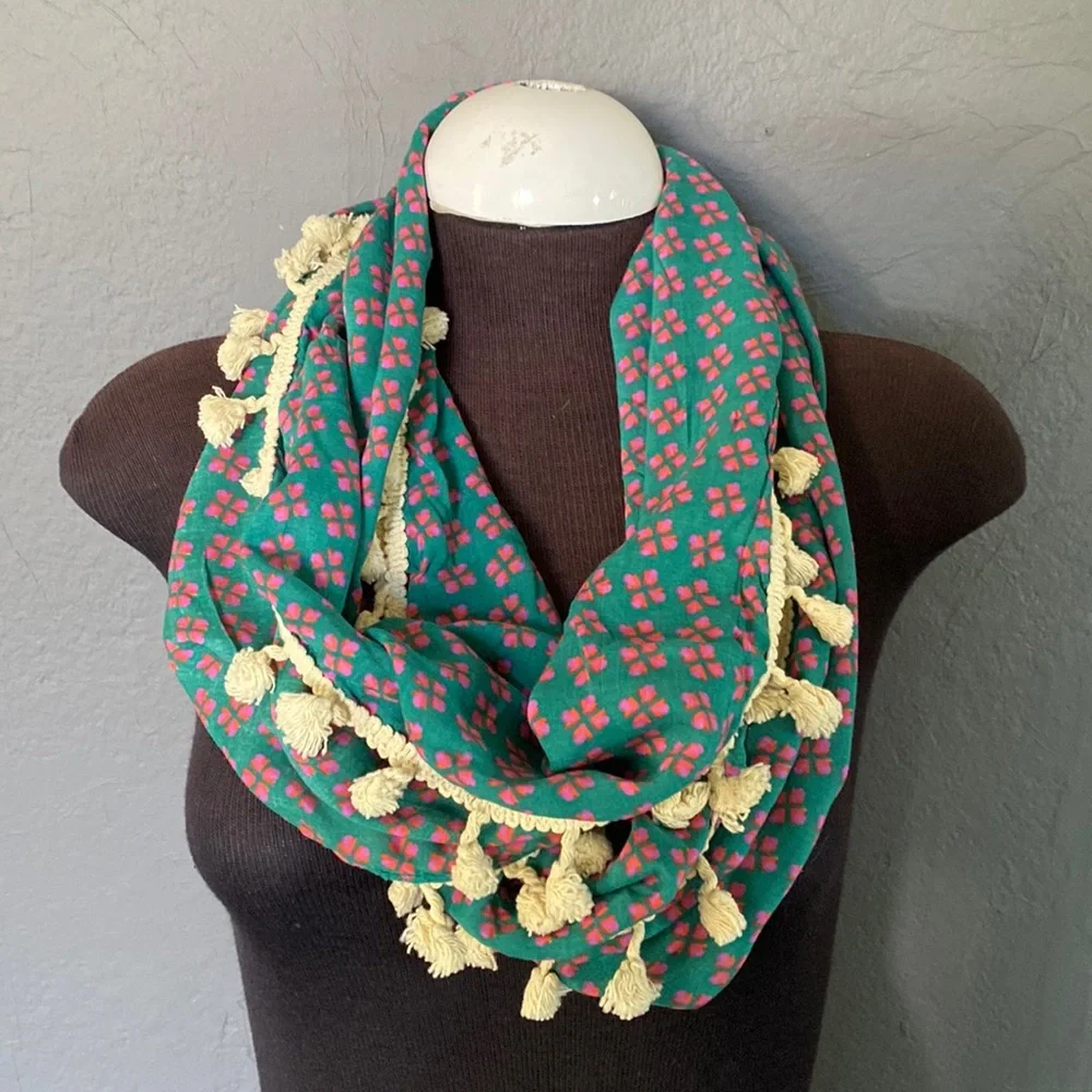 Boho Pom Pom Colorful Infinity Scarf Bohemian Festival